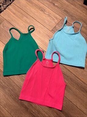 Set of 3 Ribbed Crop Tanks - Green, Aqua, Hot Pink EUC